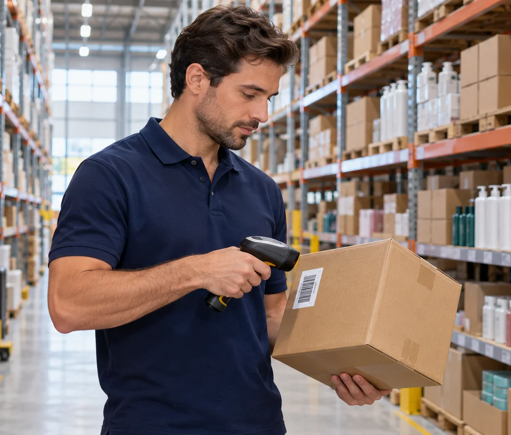 A warehouse worker scanning a box between shelves of cosmetics